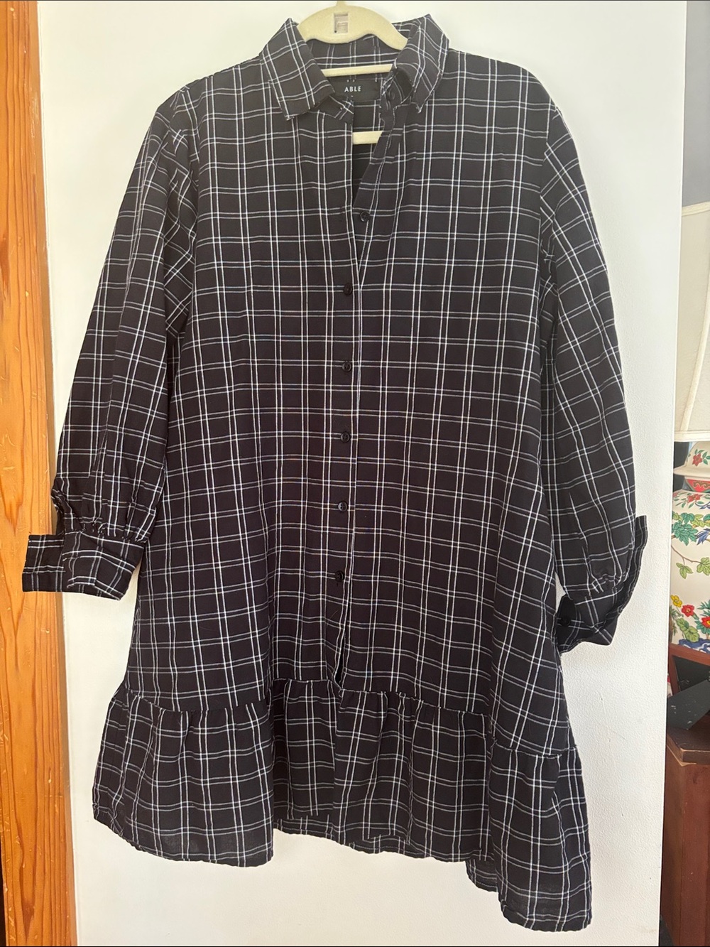 Able Black Windowpane Plaid Ruffle-Hem Shirt Dress